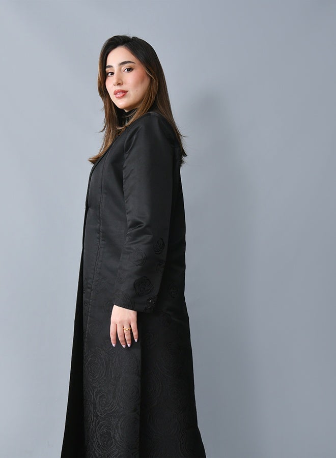 HAWRAA ABAYA Elegant blazer-style abaya with an A-line silhouette, crafted from refined fabric adorned with floral patterns - Image 3